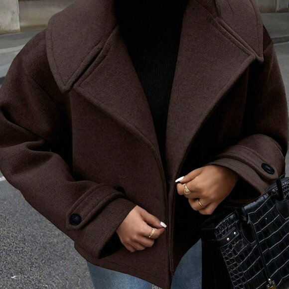 Coffee Brown Casual Women's Large Lapel Decorated Button Long Sleeve Coat - Picture 1 of 7